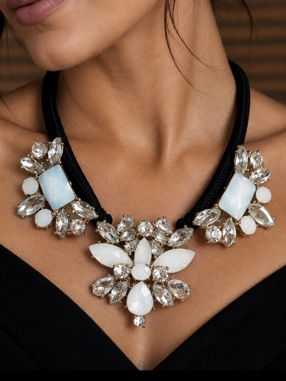 BAUBLEBAR Faceted Opaline & Clear Navette Stones Gold Tone Necklace Black Cord